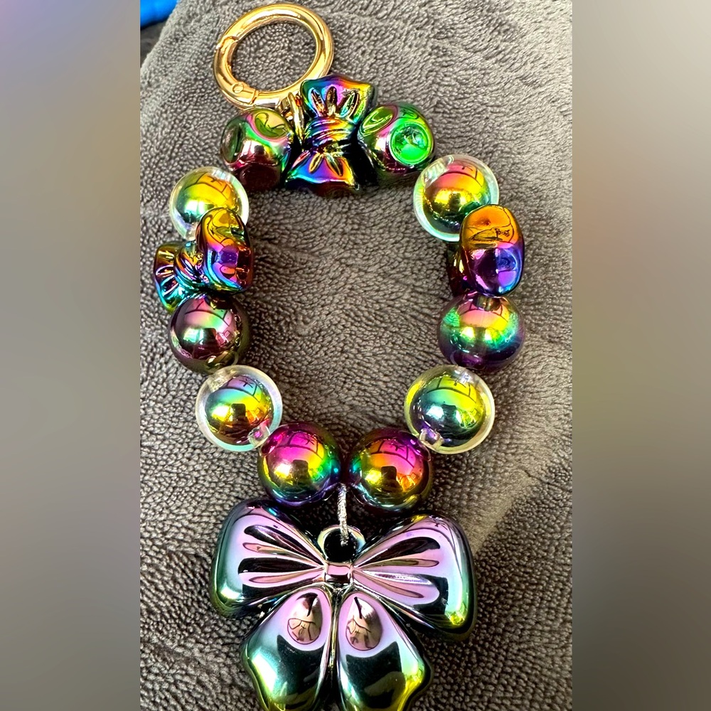 Oil slick Beaded Bracelet Keychain with Bow Charm